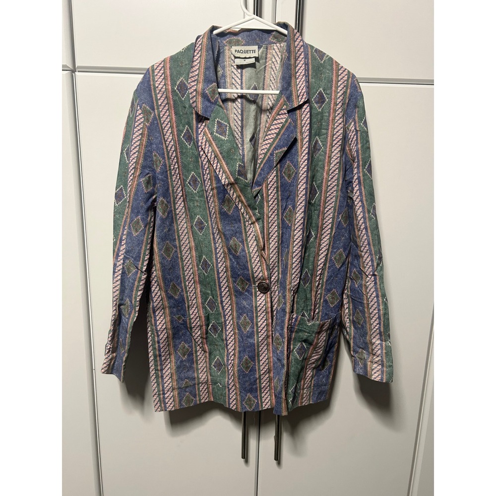 Vintage Paquette Southwestern Geometric Print Blazer Jacket Blue Green Pink M